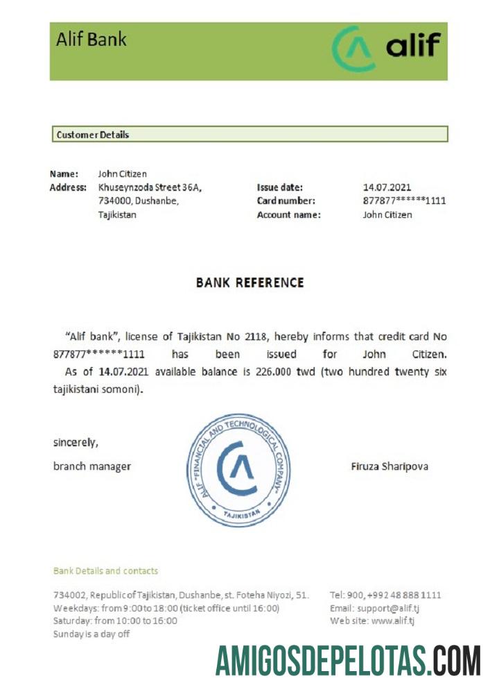 Referência do Tajiquistão Alif Bank exemplo real